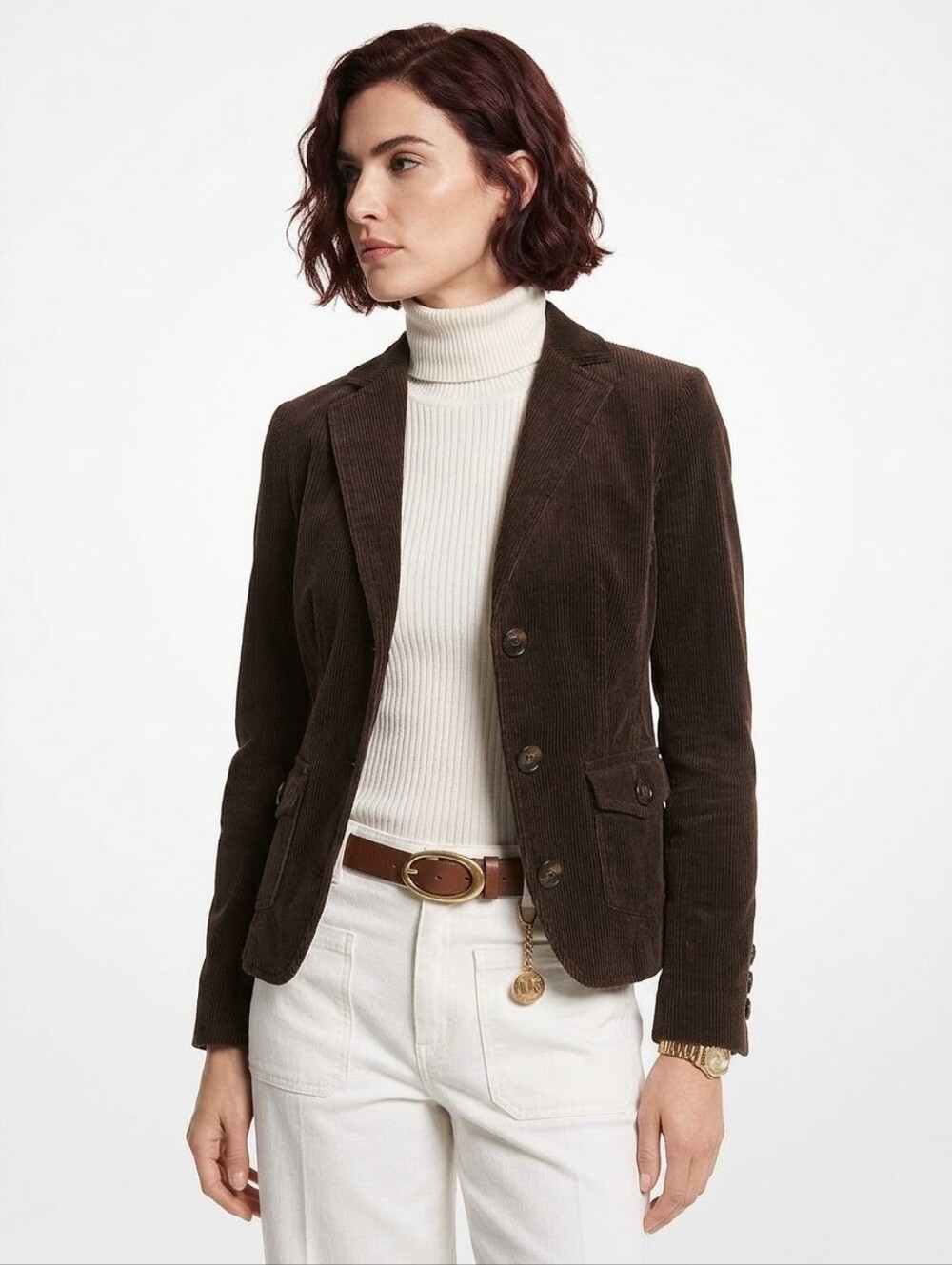 MICHAEL Michael Kors Brown Corduroy Blazer Jacket Small Fitted Leather Buttons